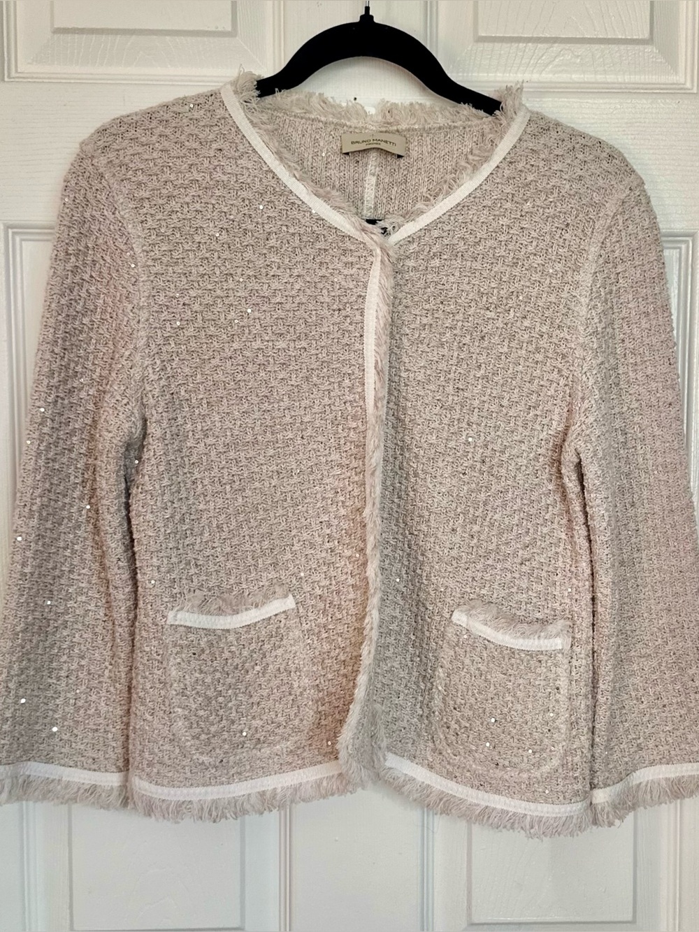 Bruno Manetti Frayed-Trim Open Tweed Cardigan Sweater Jacket in Light Blush